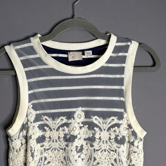 Anthro Postmark Sleeveless Navy Blue Striped Top with Lace Overlay Size Small - Picture 2 of 8